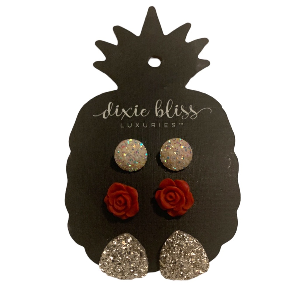 Dixie Bliss Earrings Silver White Sparkly Roses New